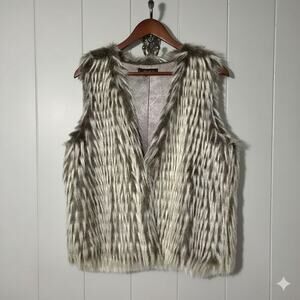 Anthropologie Dor Dor Couture Vest Faux Fur Vest Large Ivory Gray Satin Lining